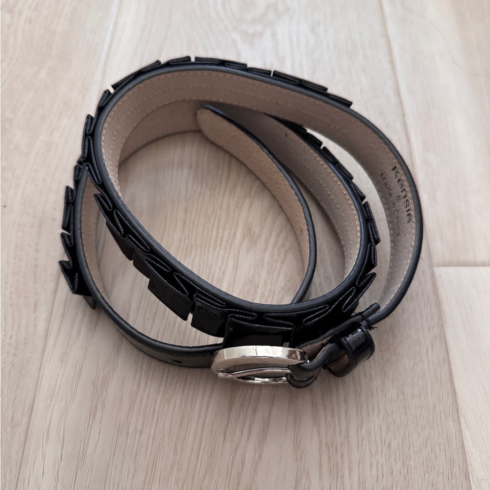 Kensie Black Ruffle Patent Leather Belt Silver Hardware Size S/M